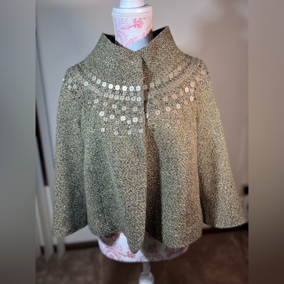 Ellen Tracy Metallic Tweed Cape Jacket with Beaded Collar – Elegant Swing Fit - Picture 1 of 11